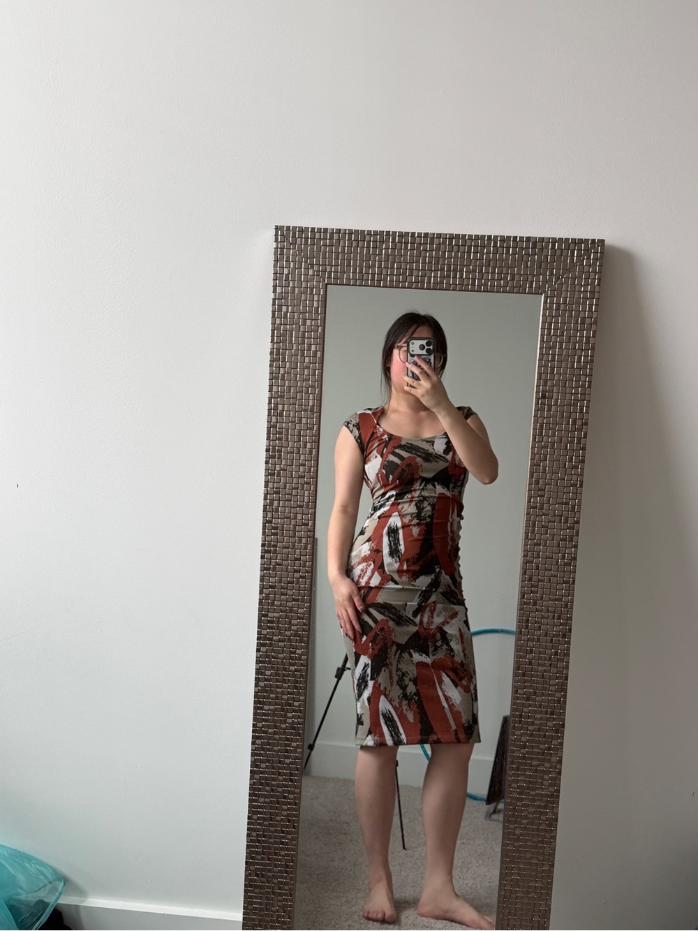 Zara Sleeveless Abstract Print Sheath Dress in Rust and Cream